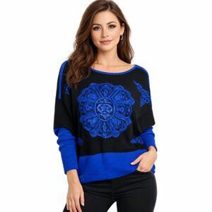Laura Dolman Sleeves Black and Royal Blue Sweater with Rhinestone Details